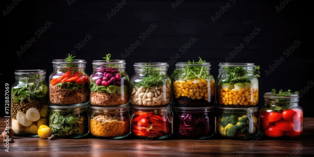 Arrangement of delicious meals in diagonal glass jars for batch cooking. Arrangement of delicious meals in diagonal glass jars for batch cooking.