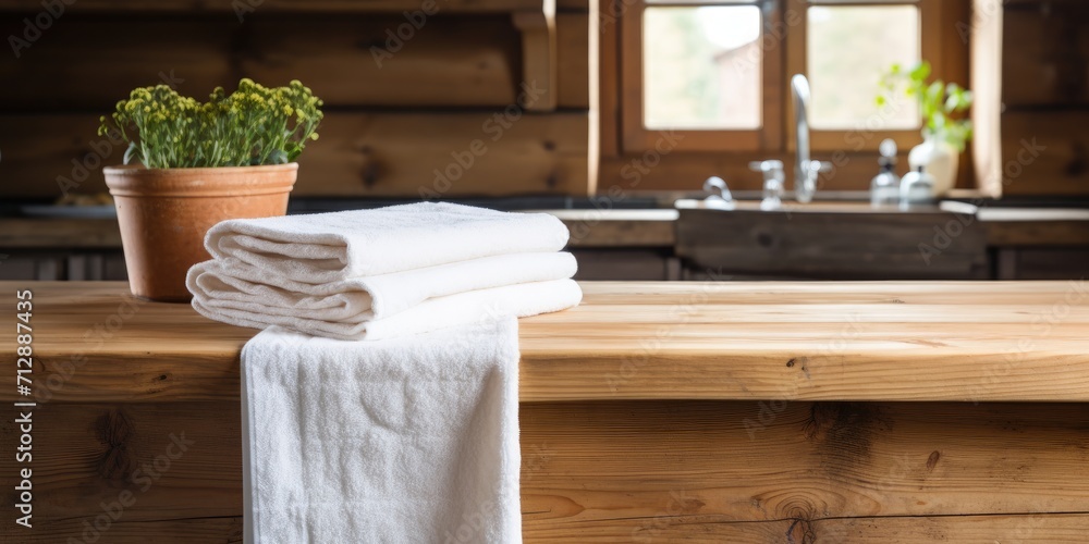 Towel-covered wooden table in rustic kitchen setting