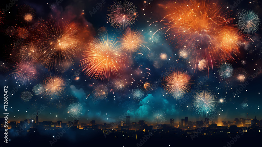 Fototapeta premium Beautiful fireworks background at night for holiday decoration