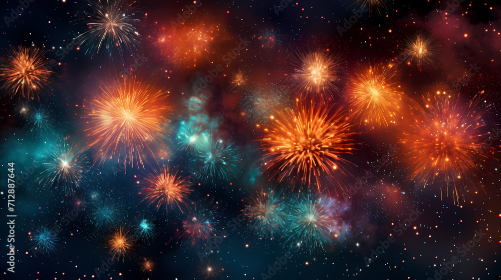 Naklejka premium Beautiful fireworks background at night for holiday decoration