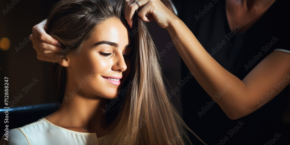 Fototapeta premium Female hairdresser is fixing hair of smiling woman