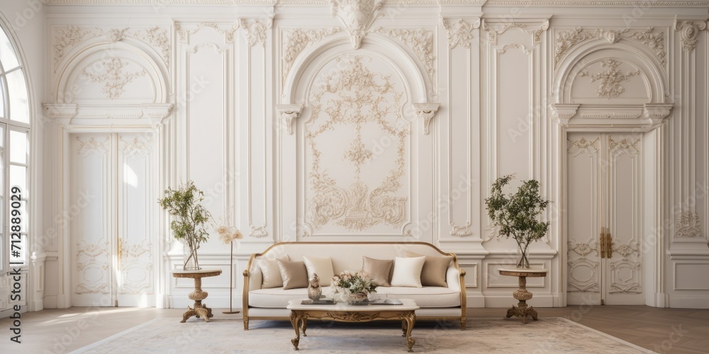 Luxurious baroque style living room with white walls adorned with antique stucco.