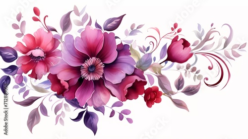illustration Red and purple flowers, leaves clip art watercolor flowers. generative ai © KBL Sungkid