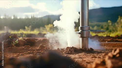 Detailed shot of a geothermal energy system, with steam rising from the ground. photo