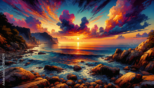 A rocky coastline at sunset