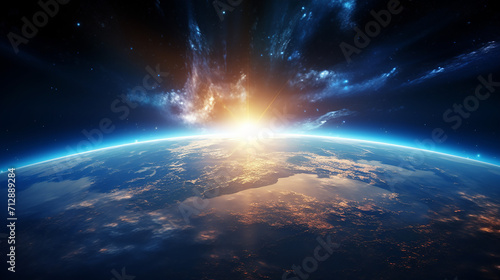 panoramic view of the earth sun star and galaxy sunrise over planet earth, view from space photo