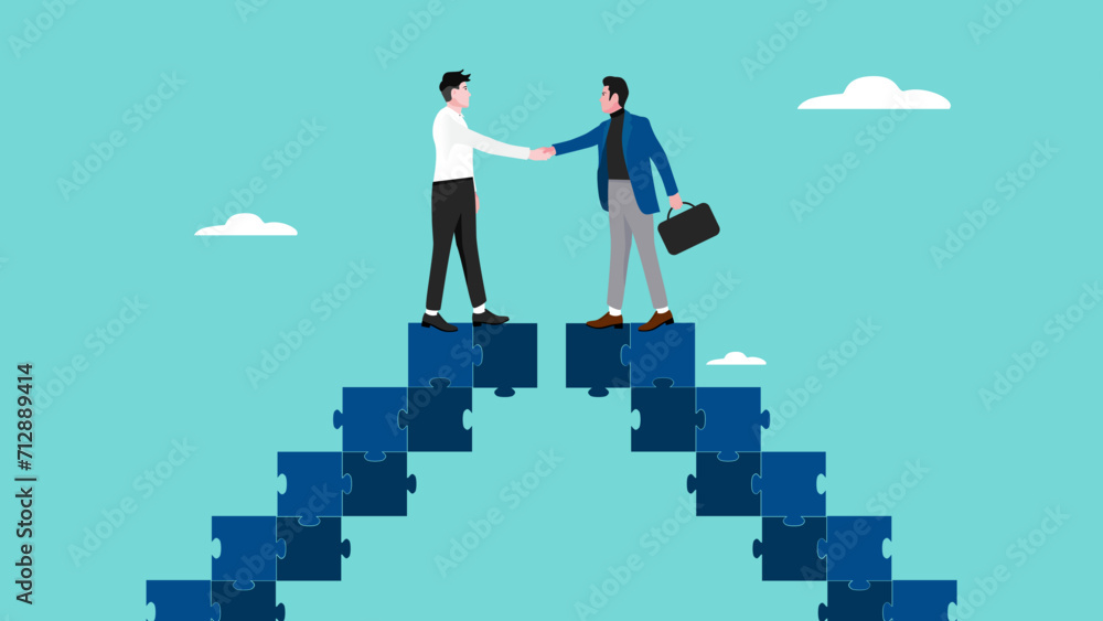 Obraz premium business agreement, cooperation in business to achieve certain targets, growth or progress to achieve goal and target, two business people shaking hands at the top of the ladder from puzzle