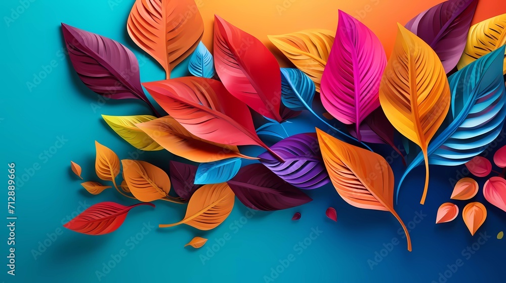 illustration Arrangement of colorful leaves on a bright colored background. generative ai