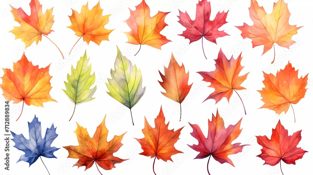 Collection of Maple leaves in watercolor style isolated. Aquarelle leaves for background. generative ai Collection of Maple leaves in watercolor style isolated. Aquarelle leaves for background. generative ai