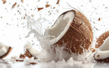 Coconut with milk splashes isolated on white background