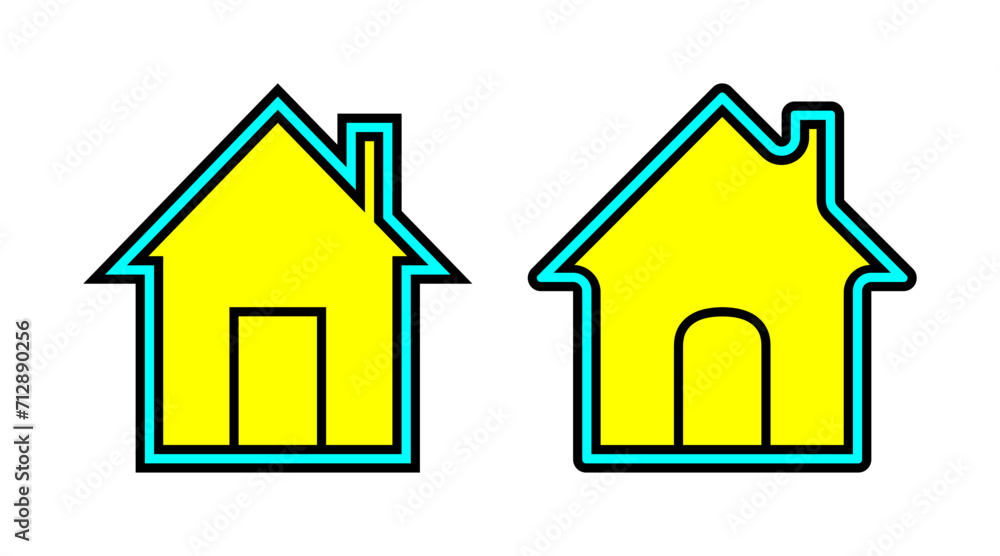 Colorful home icon set vector. Black, blue and yellow building outline logo symbol illustration isolated on white background.