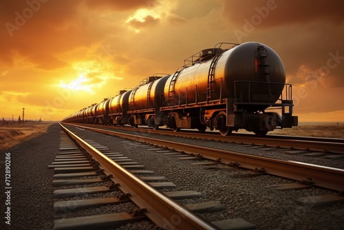 Train transporting petroleum in tank wagons. Generative AI photo