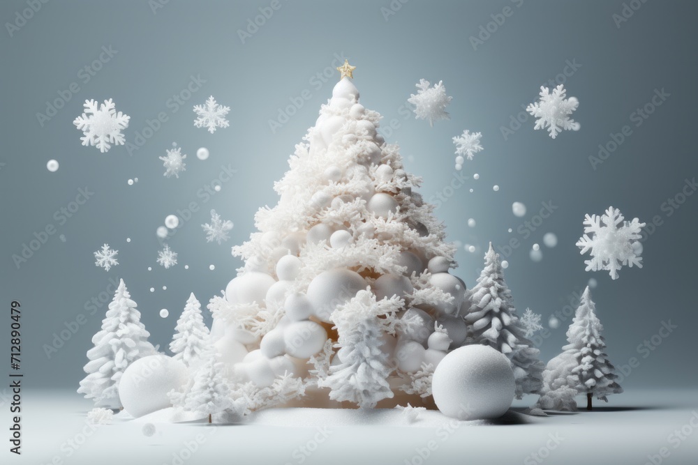 Snowy White Christmas Tree, on an isolated Frosty White background, Generative AI