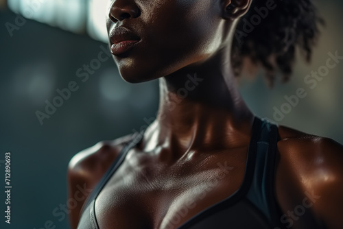 Close-up of boobs and neck of African American woman athlete indoors, sport motivation