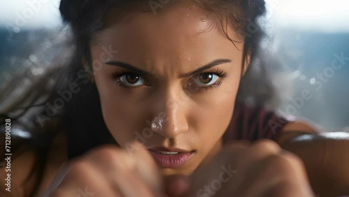 An athletic Hispanic woman with arms extended and straining in an arm wrestling match her face in an intense closeup and the background out of focus to highlight her effort. photo