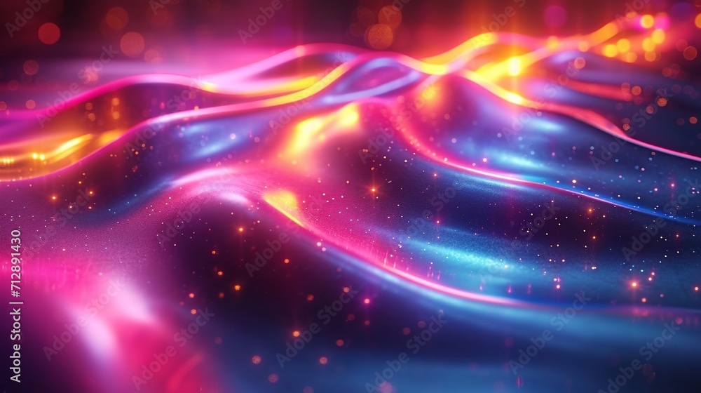 Shimmering, curved neon wave in 3D with a fluid, iridescent finish. Abstract, multicolored backdrop. High-definition, lifelike effect. Shimmering, curved neon wave in 3D with a fluid, iridescent finish. Abstract, multicolored backdrop. High-definition, lifelike effect.