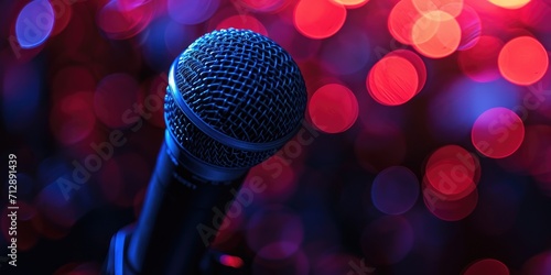 Professional microphone, blue and red lights bokeh background, space for copy