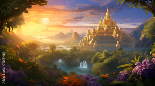 Illustration of  South Asian tropical dreamy landscape with Golden Hindu temple on distant hills, Generative AI image © SNEHIT PHOTO