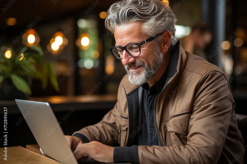 Grandfather in his cozy home office, wearing glasses and working diligently on his laptop, Generative AI Grandfather in his cozy home office, wearing glasses and working diligently on his laptop, Generative AI
