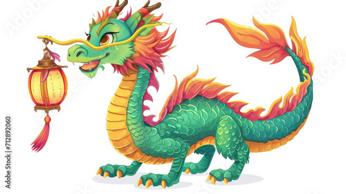 cartoon chinese new year dragon with traditional lantern, isolated white background. festive illustration perfect for greeting cards, invitations, and holiday decorations