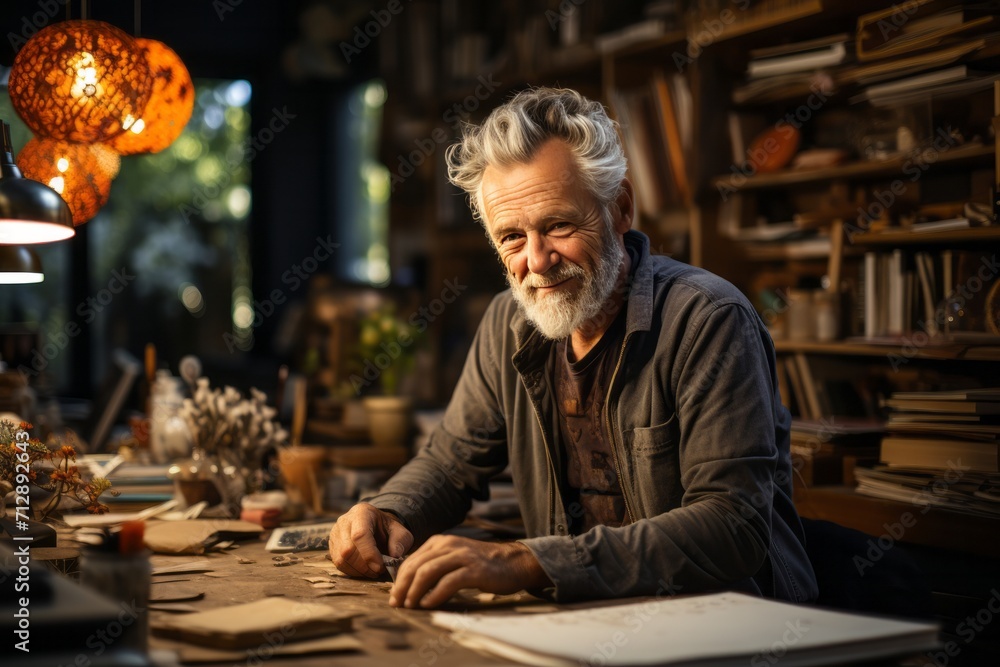 Elderly gentleman managing his online tasks from a rustic home office, featuring warm decor and his trusty laptop, Generative AI Elderly gentleman managing his online tasks from a rustic home office, featuring warm decor and his trusty laptop, Generative AI