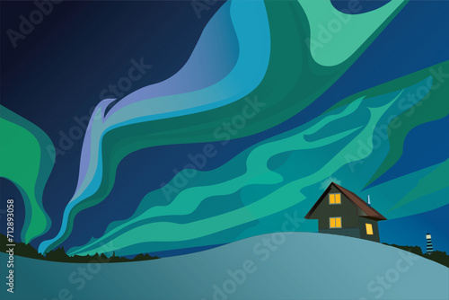 Winter landscape with aurora illustration at night