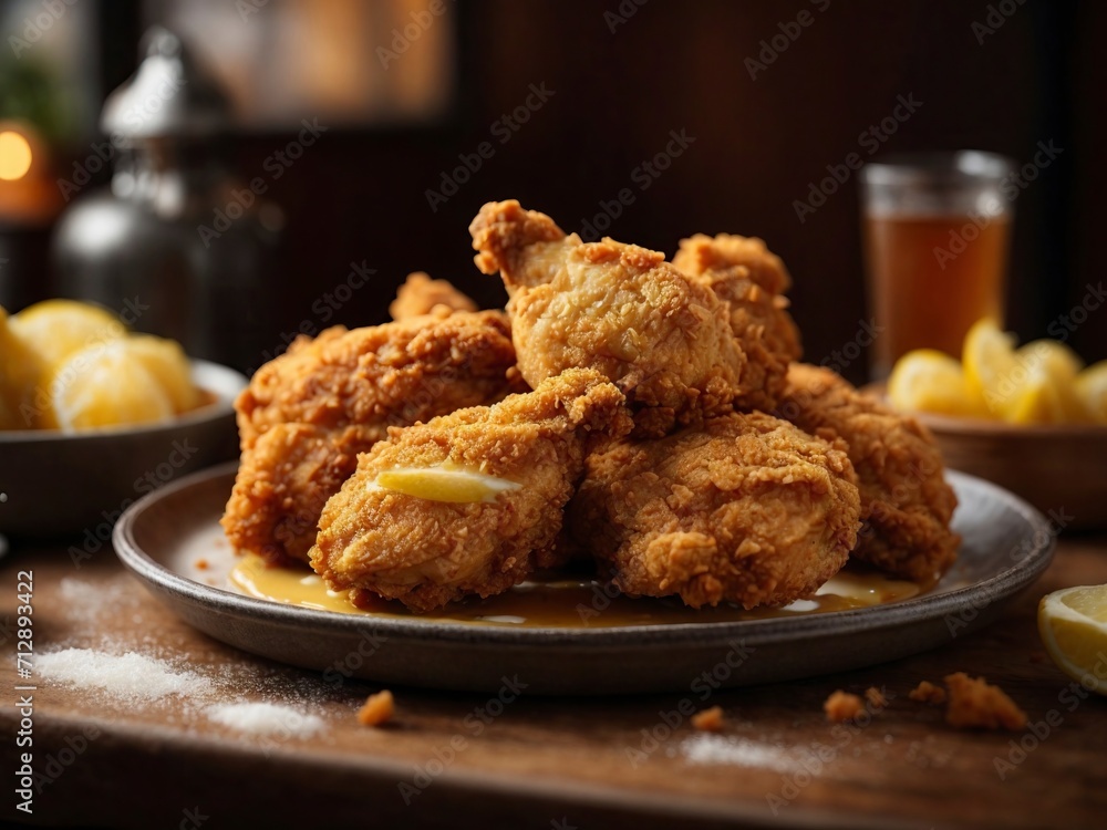 Fried chicken nuggets with lemon and honey on a plate