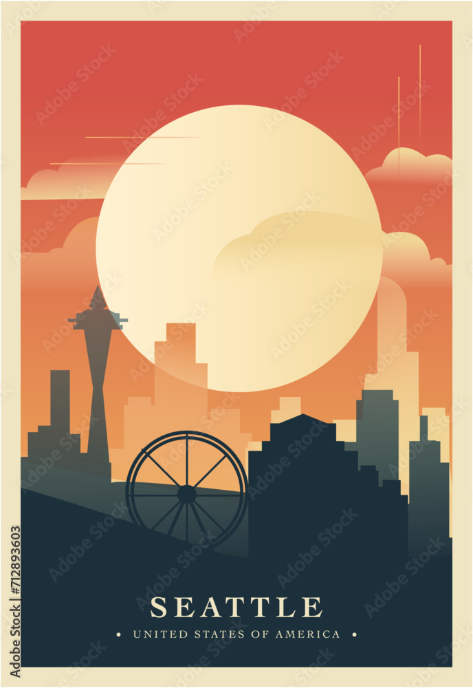 Seattle city brutalism poster with abstract skyline, cityscape. USA Washington state retro vector illustration. US travel front cover, brochure, flyer, leaflet, presentation template, layout image
