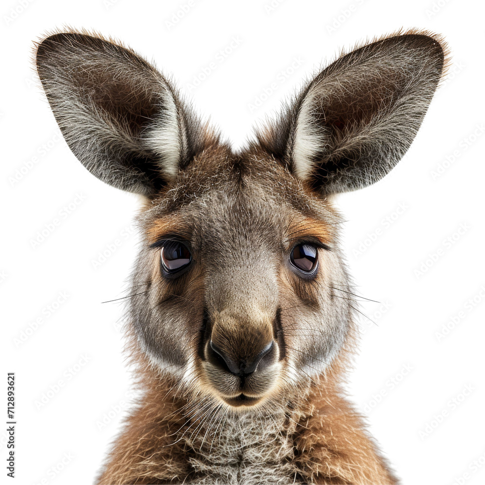 Kangaroo Face Shot Isolated on Transparent or White Background, PNG