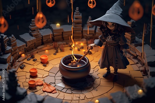 Cute cartoon witch brews a potion in a cauldron, around a candle, pumpkin on a dark background