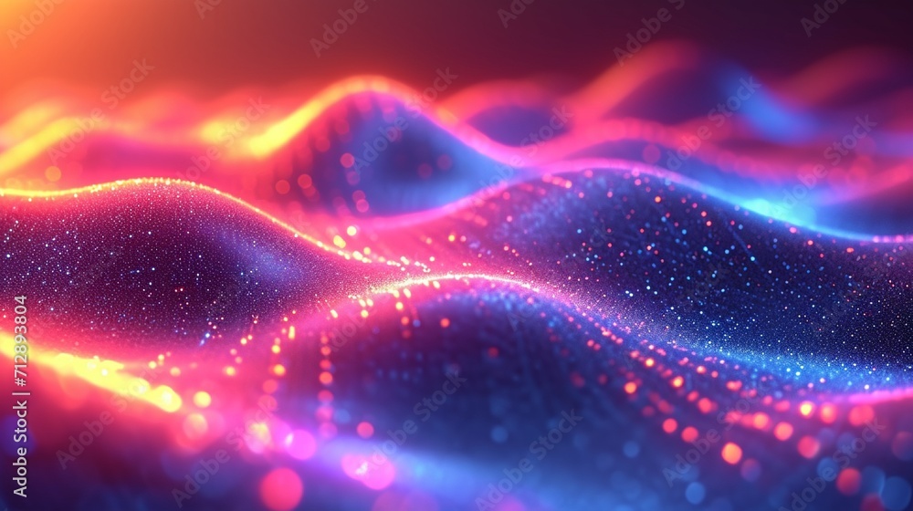 Shimmering neon wave in 3D, flowing iridescently. Set against a vibrant, holographic, abstract background. Realistic HD effect.
