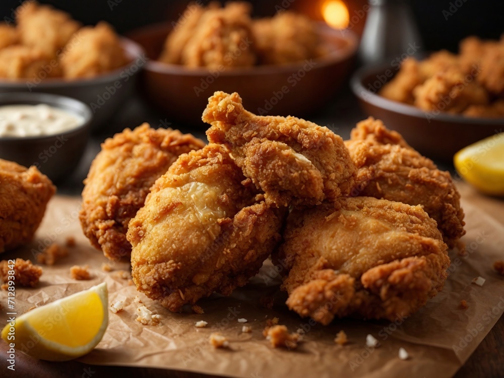 Fried chicken nuggets with sauce and lemon on wooden table, closeup Fried chicken nuggets with sauce and lemon on wooden table, closeup