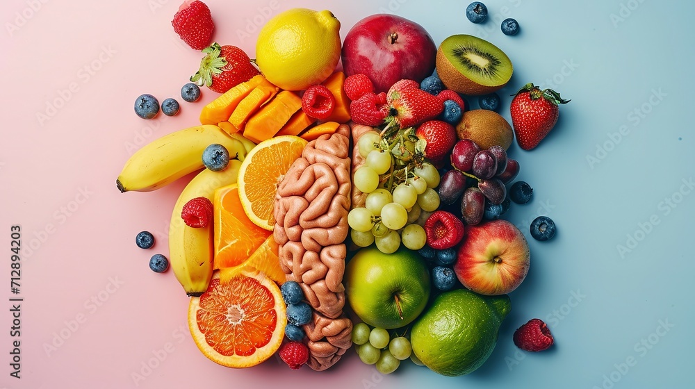 Brain with fruits, concept of healthy living and eating healthy food Brain with fruits, concept of healthy living and eating healthy food