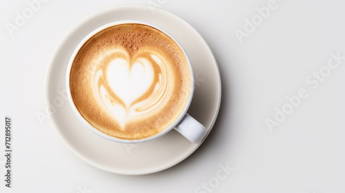 A cup with a delicious cappuccino on a white background. Lush foam with a painted heart. Morning drink.