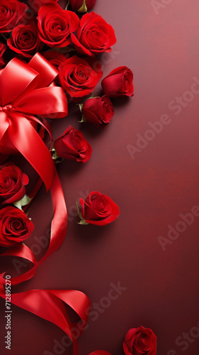 Valentine's day background with red rose and ribbon.