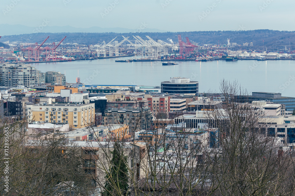 Seattle harbor, Harbor Island, seen from Kerry Park, container terminals operated by the Port of Seattle, seaport city on the West Coast of the US.