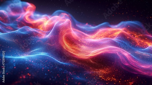 Smooth  holographic neon wave curving elegantly in a 3D space. Rich  iridescent colors on a contrasting background. HD camera effect.