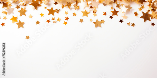 A scattering of gold stars on a white background. Christmas card frame. Example of a gift card.