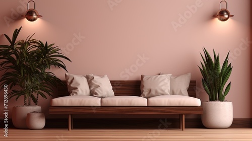 Living room interior design with sofa, pink walls, wooden floor and plants. Created with Ai