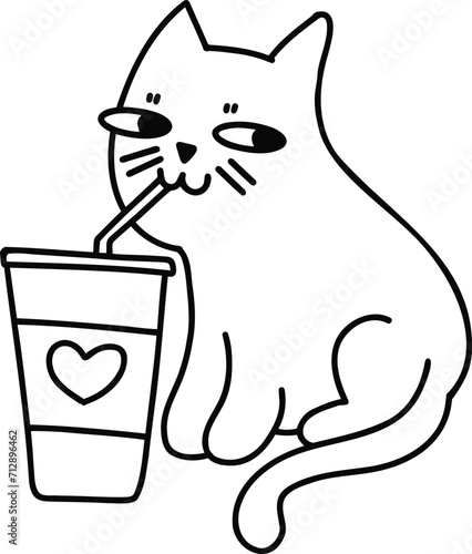 cute cartoon cat drinks iced coffee 