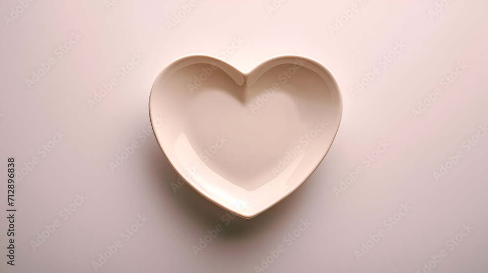 Empty plate in the shape of a heart on a white background in the center of the frame. Isolated background. Created with generative AI technology.
