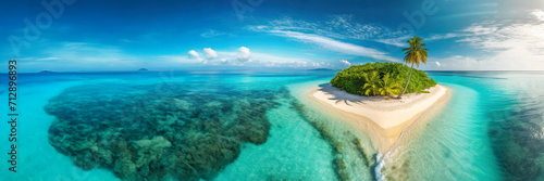 Aerial view of a small tropical island with palm trees and a sandy beach. Panoramic banner with copy space
