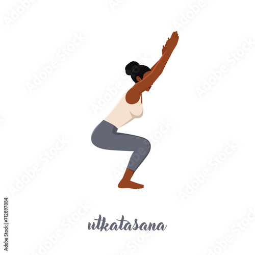Woman doing yoga pose,Chair Pose or Utkatasana asana in hatha yoga. Flat vector illustration isolated on white background