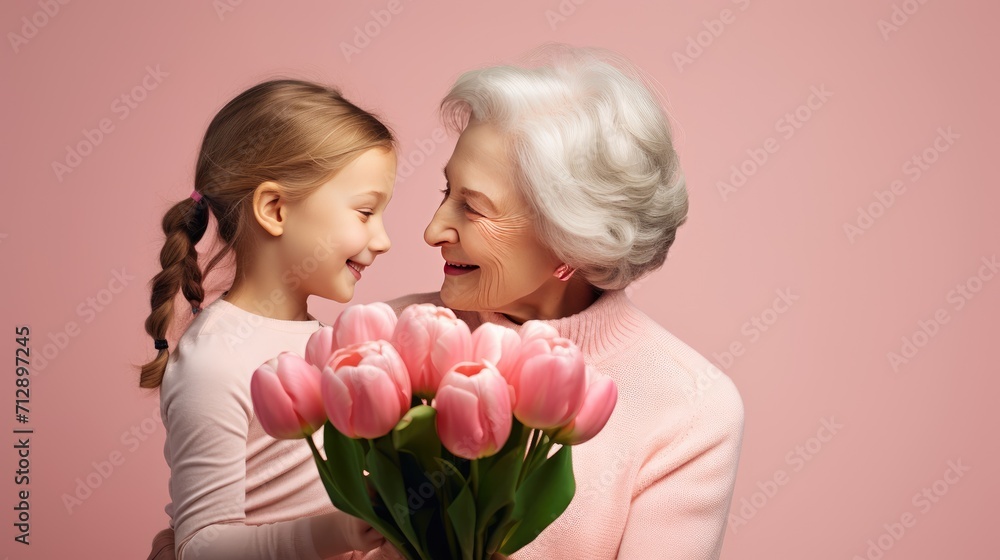 A cute little girl congratulates her grandmother and gives her a bouquet of tulip flowers on a pink background. Happy family holiday, women's Day. A cute little girl congratulates her grandmother and gives her a bouquet of tulip flowers on a pink background. Happy family holiday, women's Day.