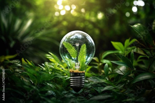 Light bulb adorned with verdant foliage symbolizing energy conservation and sustainable, recyclable energy. Generative AI photo