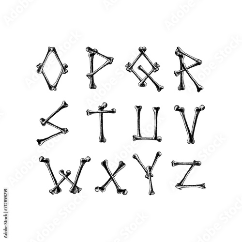 bones font. Letter O to Z hand drawing vector isolated on background.