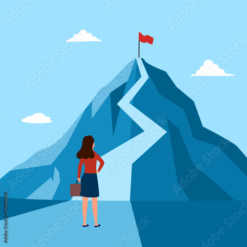 Businesswoman planning to reach the success flag on top of the mountain in flat design. Symbol of the startup, business finance, achievement and leadership concept vector illustration.