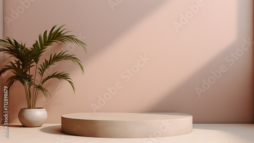 Podium stand and wall scene biege color background with palm tree. Geometric shape  round base mockup for product display presentation. Minimal Stage showcase