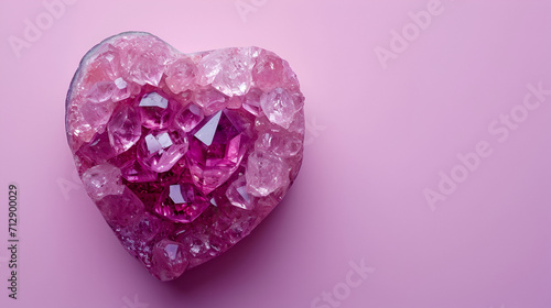 Crystal heart on a purple pink background with copy space, banner, flat lay, top view. Generative AI 