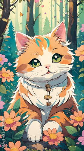 Cute anime cat is in a forest full of flowers. Cute  beautiful and adorable cat wallpapers